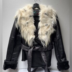Fox Italian leather jacket with silver fox fur and rabbit Fur lining
